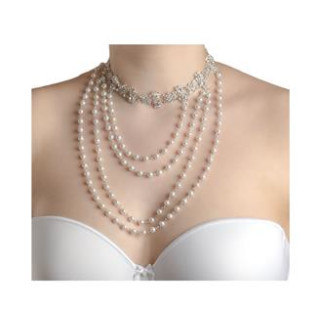 Kette mit Strass und weißen Perlen - rechte Seite für BH-Träger (10090-S-C-W-RE)